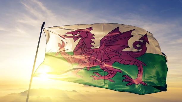 The welsh flag blowing in the wind in front of a sunset