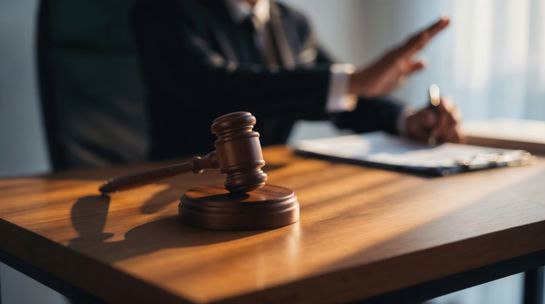 Judge Rejecting Motion With Gavel On Wooden Desk Scene